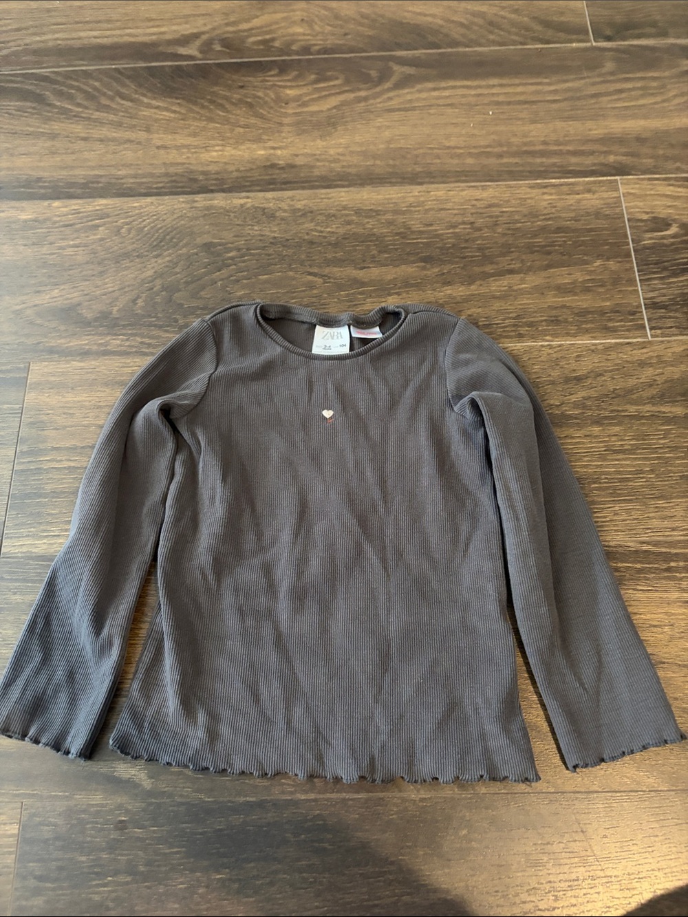Zara Girls grey Ribbed Long Sleeve Top with Heart flower embroidered Detail